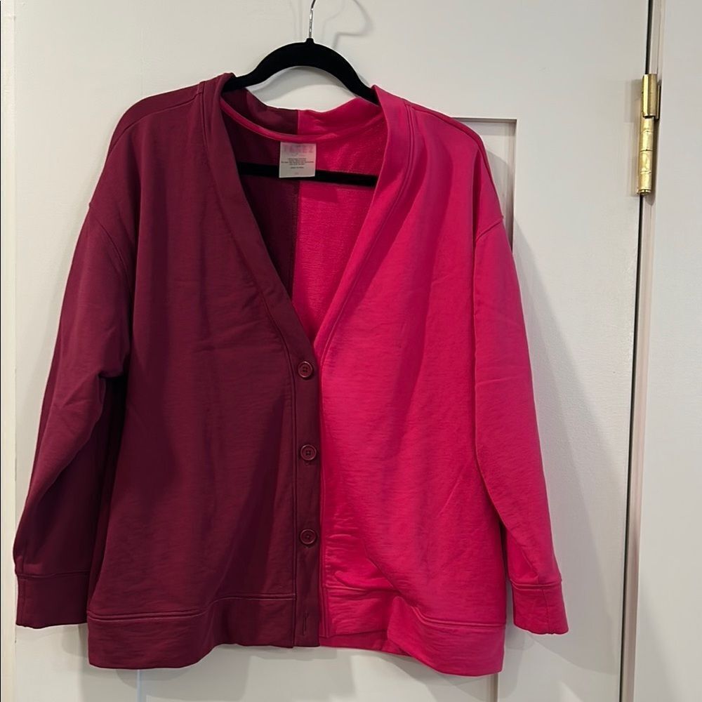 Terez Two-Tone Pink Sweatshirt Cardigan, Size Medium